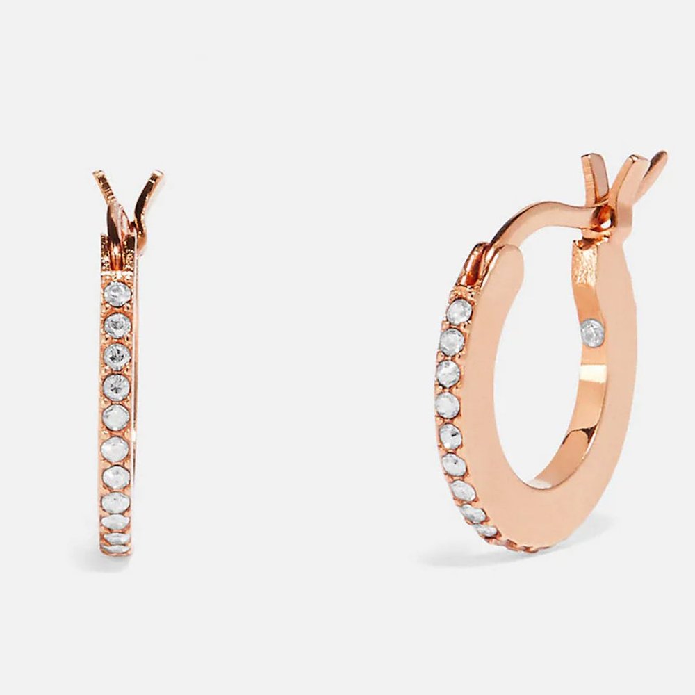 COACH Rose Gold Small Pavé Huggie Hoop Earrings (NWT)